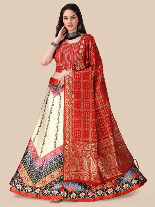 Digital Print Satin Silk Fabric Stitched Lehenga Choli With Jequared Blouse and Assami Silk Thread Work Dupatta For Women and Girls In Festive Party And Traditional Wear