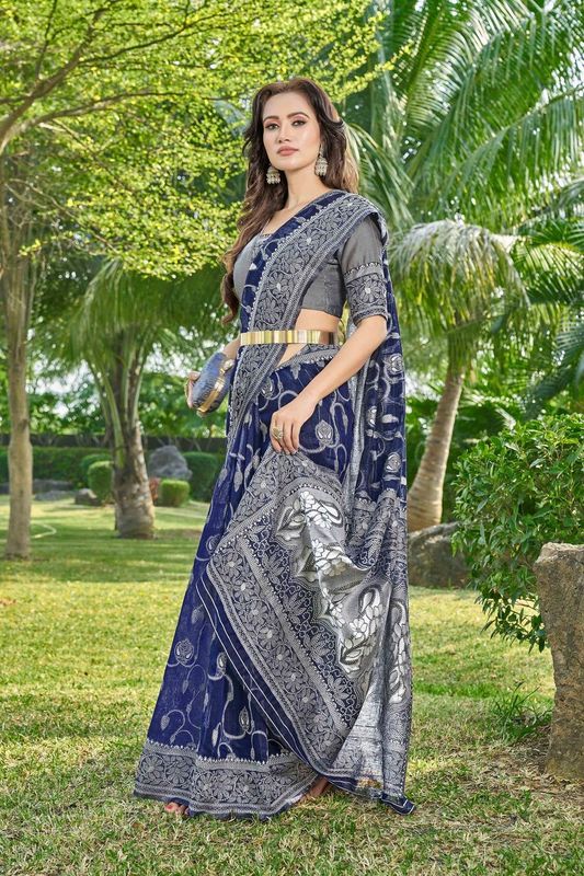 Blue Color Silk Cotton Wevon Thread Designer Ethnic Casual Looks Saree