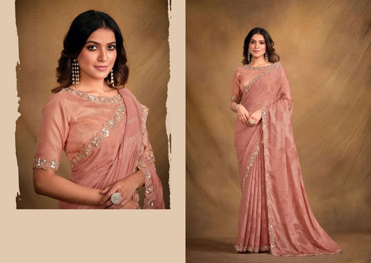 Peach Designer Embroidery & Stone Work Self Jacquard Georgette Saree