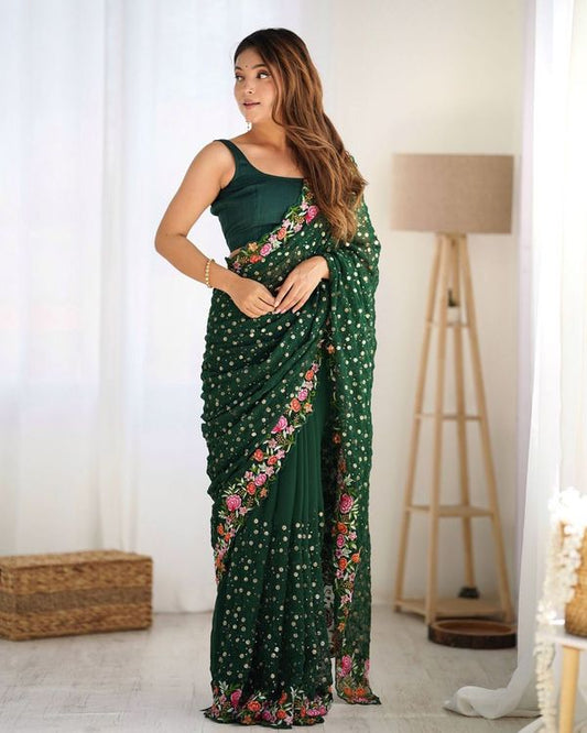 Green Multy Thread & Sequance Embroidery Work Georgette Saree