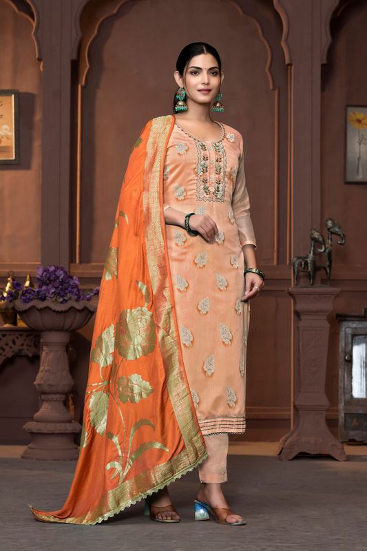 Peach Color Modal  Fabric Wevon Designer With Hand Work For Beautiful Ethnic Looks Designer Wedding Wear