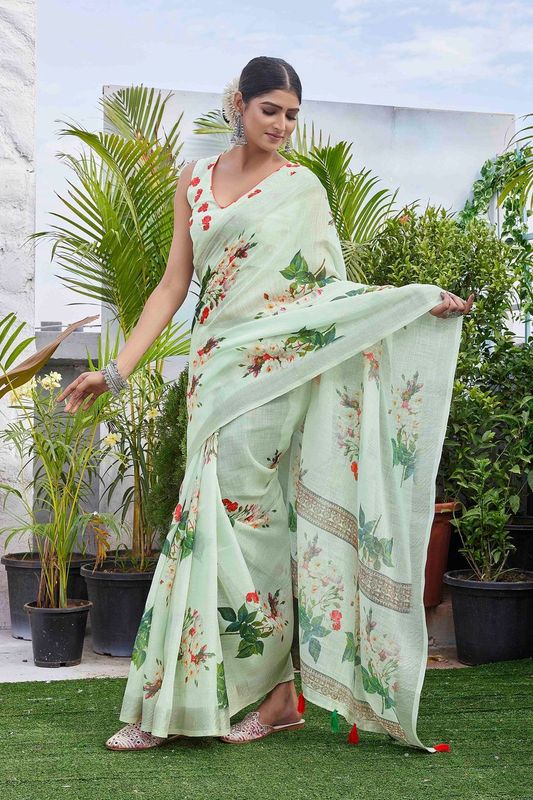 Pista Color Beautiful Fashinove Looks Smart Printed Linen Blend Saree