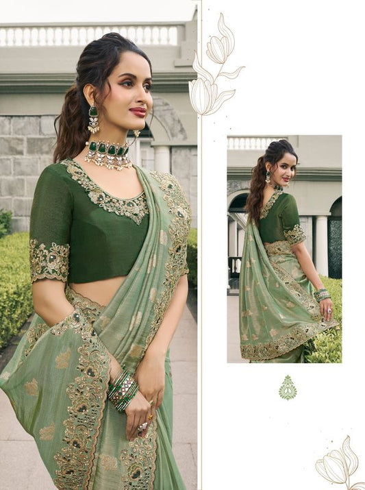 Green Wevon Jacquard Designer Embroidery Work Viscose Tissue Saree