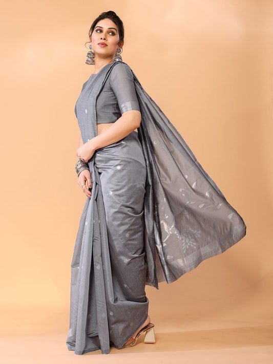 Grey Wevon Jari Designer Chanderi Silk Saree