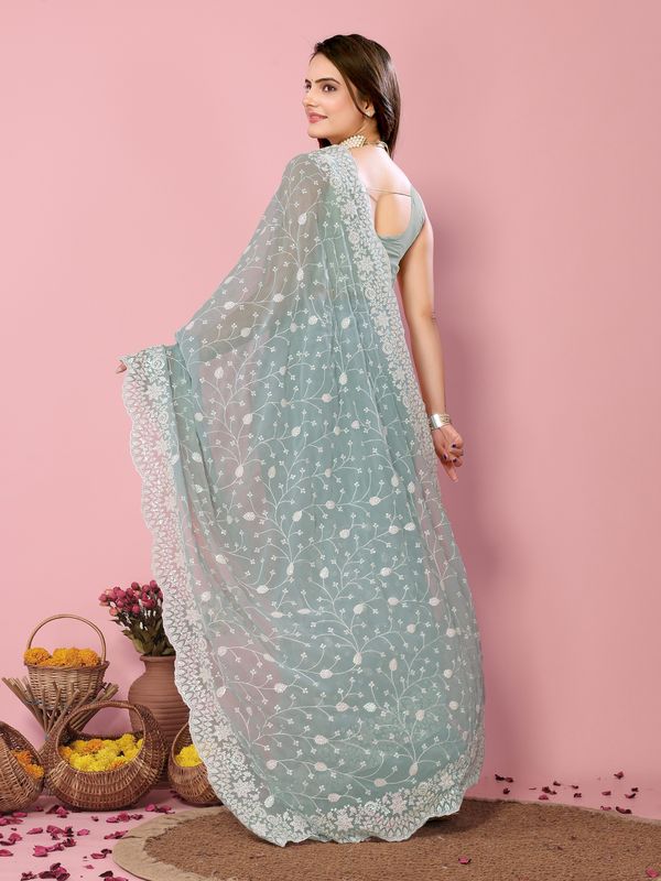 Grey Thread & Sequance Embroidery Work Georgette Saree