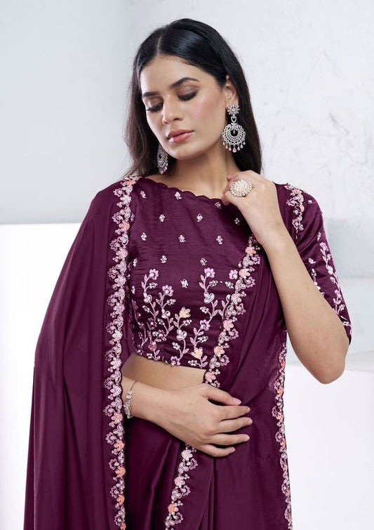 Wine Sequence Embroidery & Moti Work Crepe Satin Silk Saree