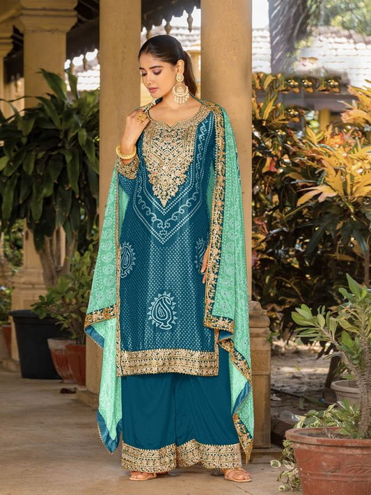 Teal Chinon Bandhani Printed Heavy Salwar Kameez With Jari And Mirror Embroidery Work