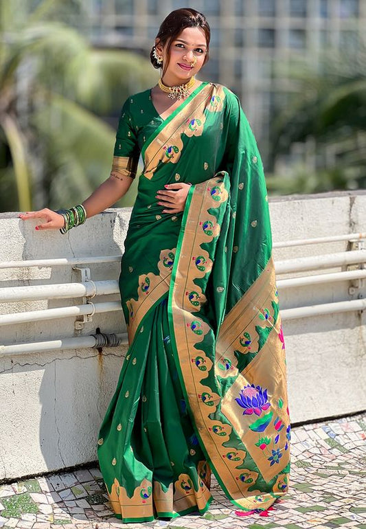 Green Wevon Paithani Meenakari Designer Saree For Graceful Party Looks