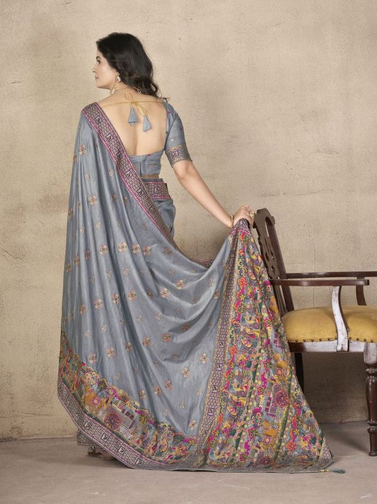 Grey Wevon Thread & Jari Designer & Hand Work Pashmina Silk Saree