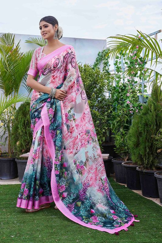 Pink Color Linen Blend Smart Ethnic Saree With Trendy Digital Print Work