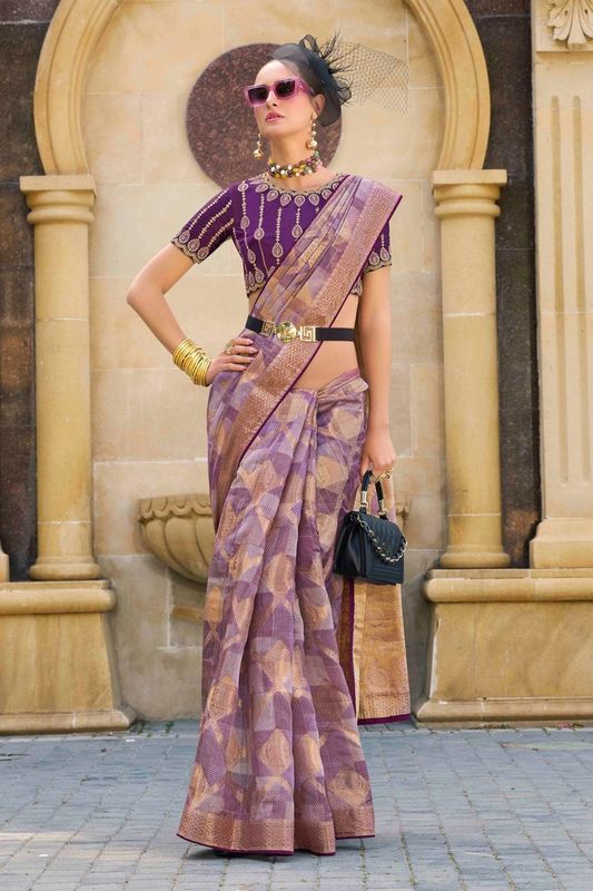 Purple Wevon Designer & Embroidery Work Jacquard Silk Saree