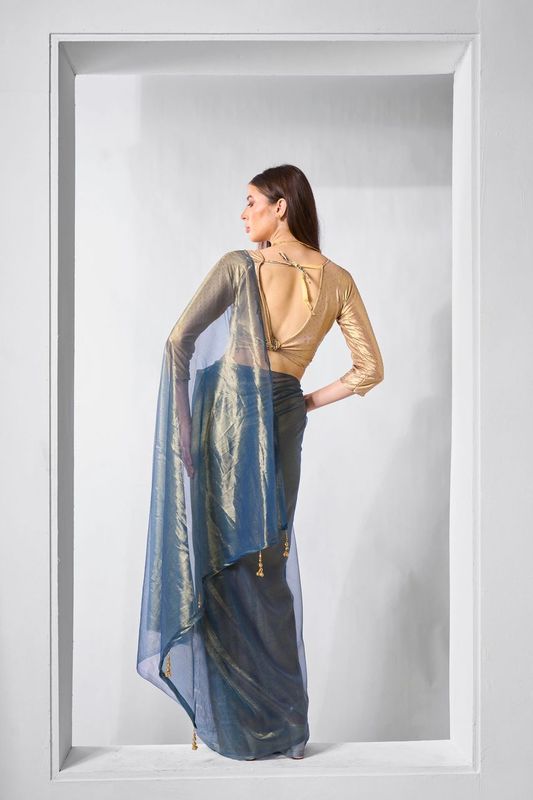 Blue Solid & Gold Cotted Gold Tissue Net Saree