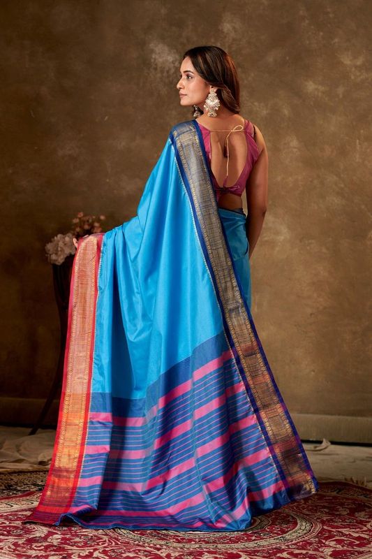 Blue Cotton Striped Saree and Stitched Pink Blouse