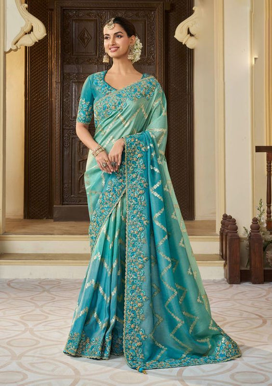 Rama Wevon Jacquard Designer Embroidery Work Viscose Tissue Saree