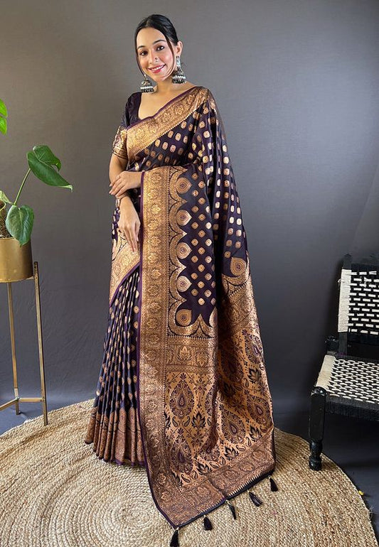 Purple Banarasi Satin Silk Weaving Jari Designer Ethnic Graceful Saree