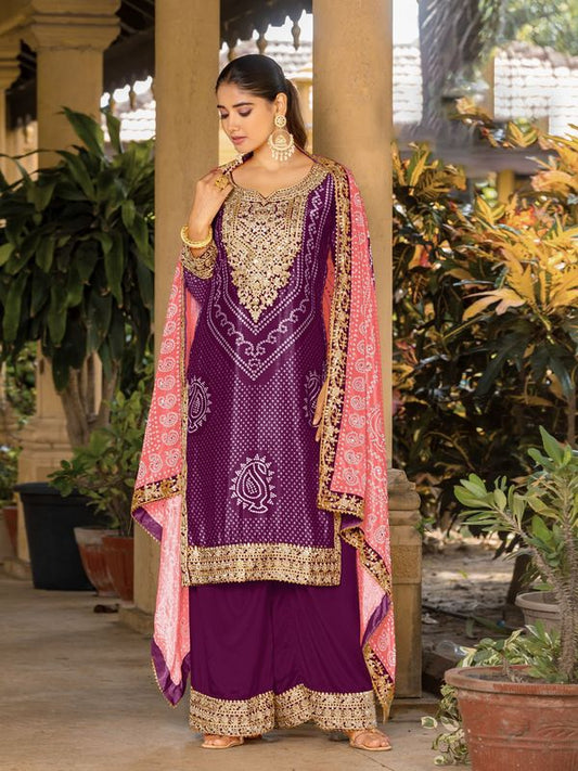 Purple Chinon Bandhani Printed Heavy Salwar Kameez With Jari And Mirror Embroidery Work