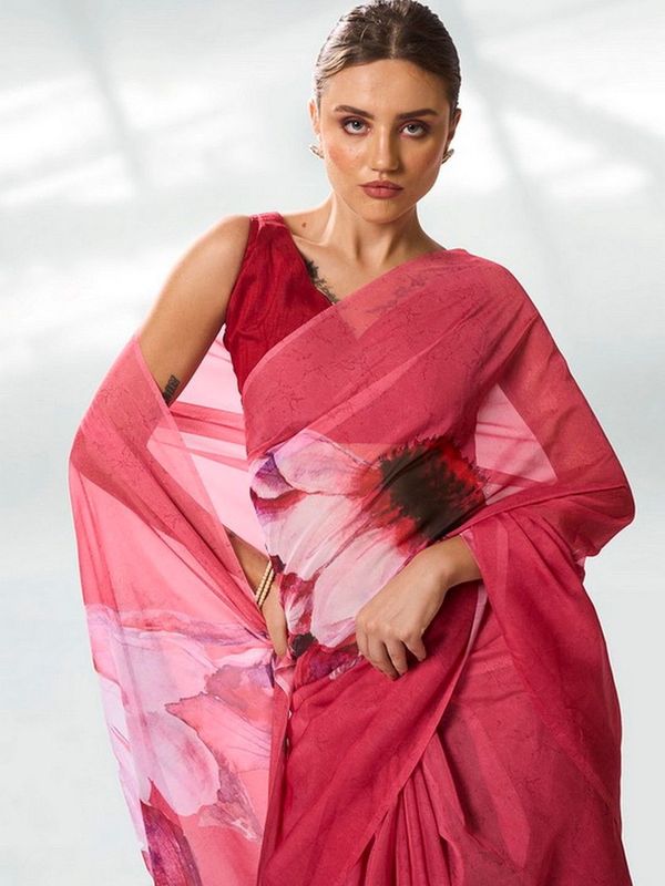 Burgundy Color Organza Fabric Designer Printed Graceful Bollywood Style Party Saree