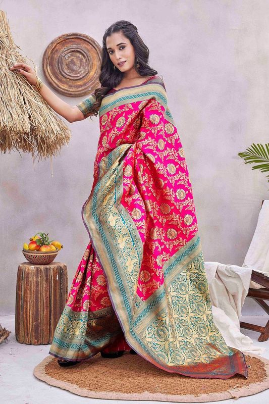 Pink Wevon Jacquard Designer Silk Blend Saree