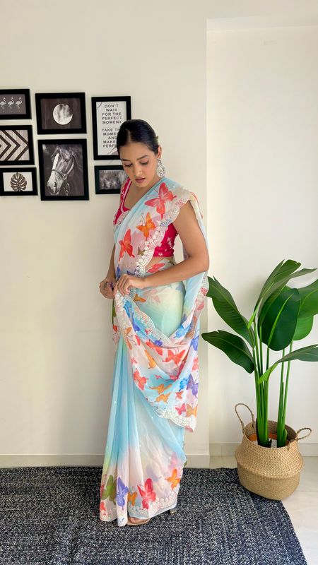 Sky Blue Digital Printed & Coding & Sequance Embroidery Work Georgette Saree