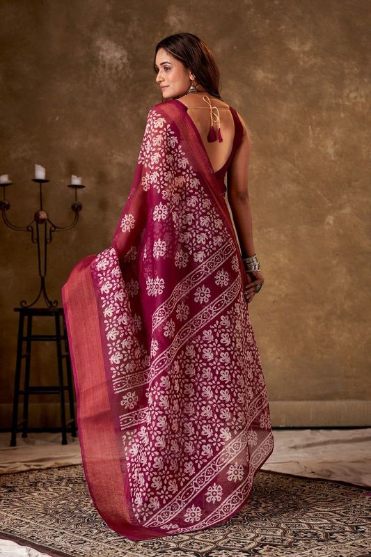 Rani Cotton Printed Saree and Stitched Rani Blouse