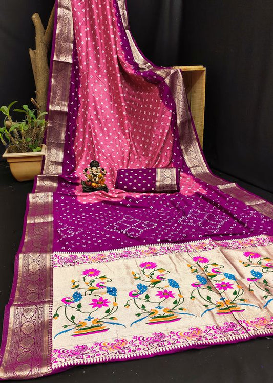 Magenta Dola Silk Wevon Designer Saree With Traditional Hand Bandhej Printed