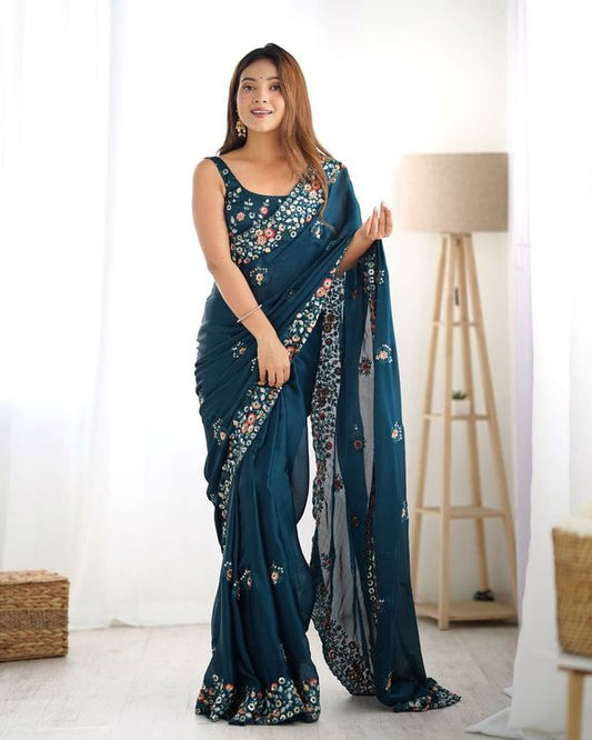 Teal Blue Multy Thread & Sequance Embroidery Work Satin Chiffon Saree