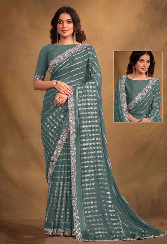 Green Designer Embroidery & Stone Work Georgette Kasab Saree