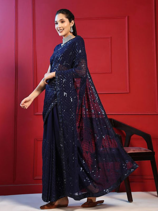 Neavy Blue Designer Sequance Embroidery Work Georgette Saree