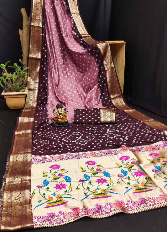 Brown Dola Silk Wevon Designer Saree With Traditional Hand Bandhej Printed