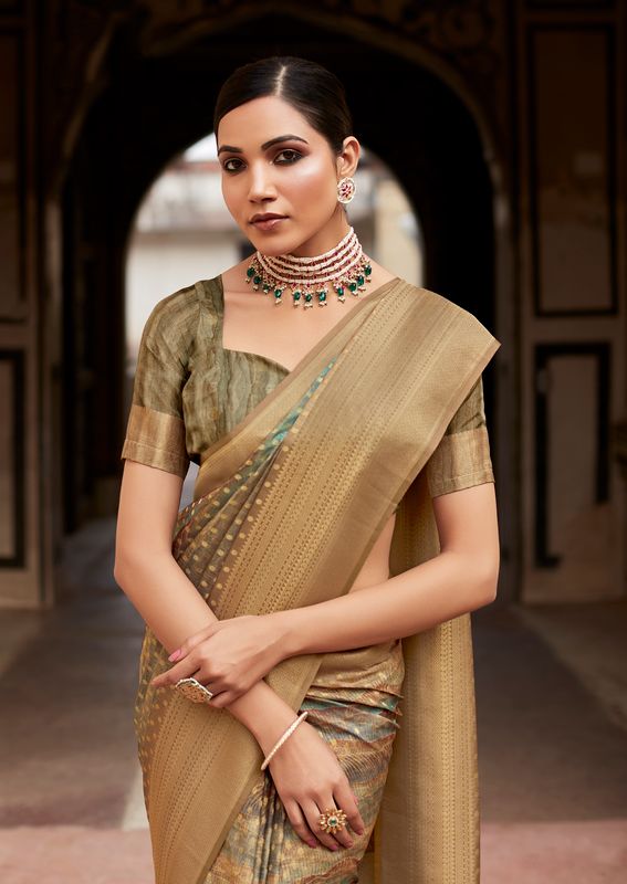 Green Weaving Border Designer & Digital Printed Tissue Silk Saree