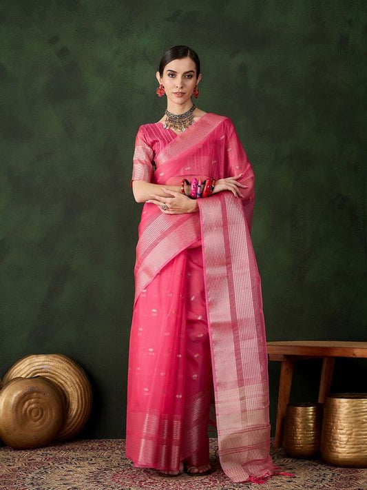 Pink Wevon Designer Khadi Organza Saree