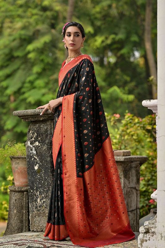 Black All Over Zari Woven Leaf Design With Contrast Flower Zari Woven Pallu Saree