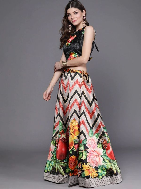 Bandhni Patola Type Digital Print Shiney Satin Croptop Lehenga Choli With Blouse For Women and Girls