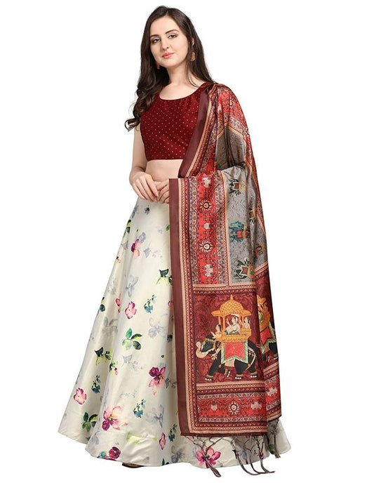 Digital Print Satin Silk Fabric Stitched Lehenga Choli With Jequared Blouse and Assami Silk Thread Work Dupatta For Women and Girls In Festive Party And Traditional Wear