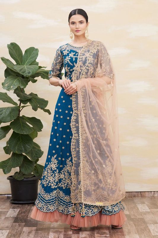 Teal Blue Color Satin Silk Fabric Heavy Adorable Wedding Ceremony Lehenga Set