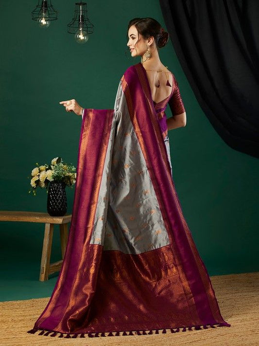 Grey Banarasi Silk Woven Saree With Tassels on Pallu and Stitched Rani Blouse