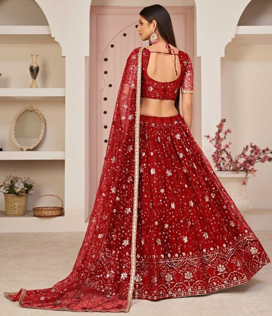 Red Embroidered Net  Stitched Lehenga