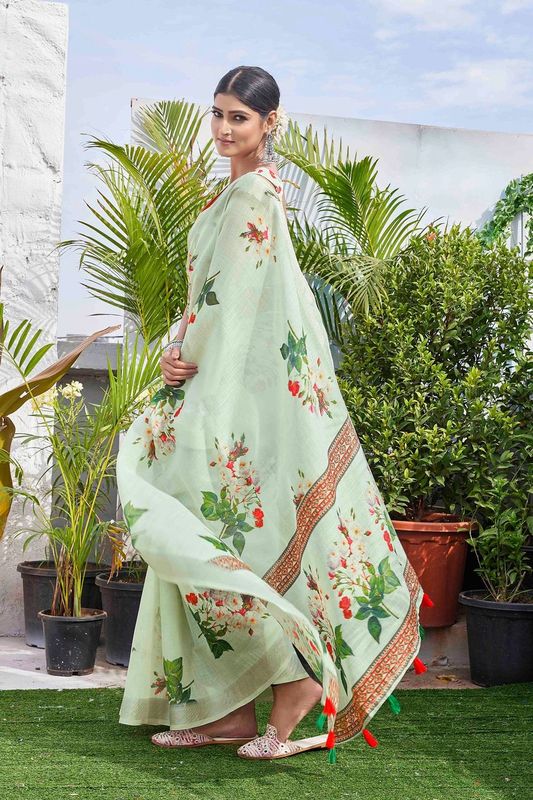 Pista Color Beautiful Fashinove Looks Smart Printed Linen Blend Saree
