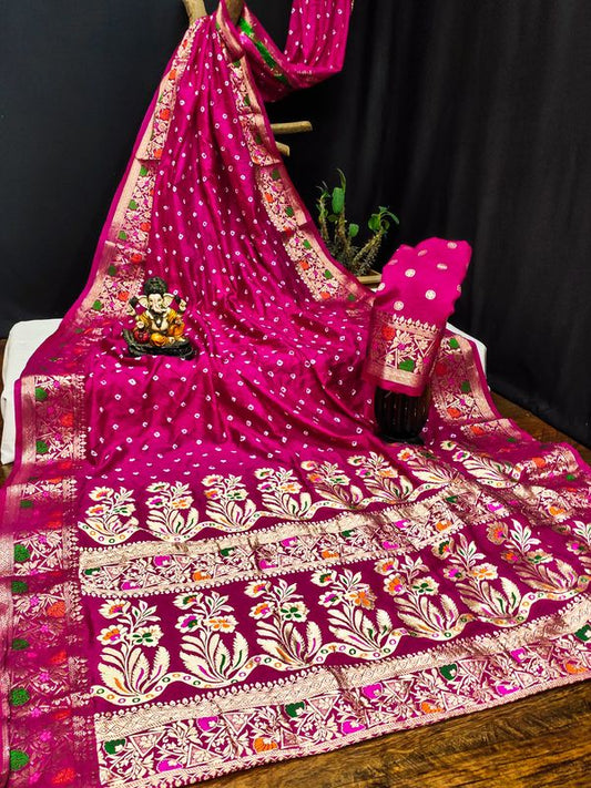 Pink Paithani Silk Wevon Border Pallu Designer Saree With Bandhej Work