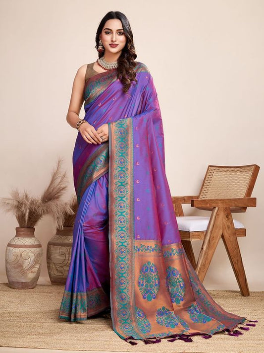 Violet Color Heavy Wevon Designer Jacquard Silk Saree For Traditonal Looks