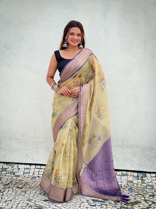 Mustard Color Crush Tissue Fabric Glamorous Wevon Designer Saree With Floral Printed Body