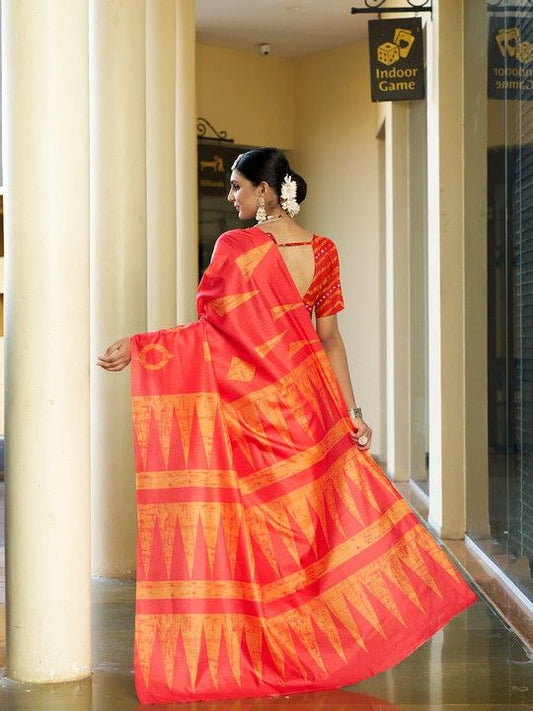 Red Cotton Digital Print Saree and Stitched Red Blouse