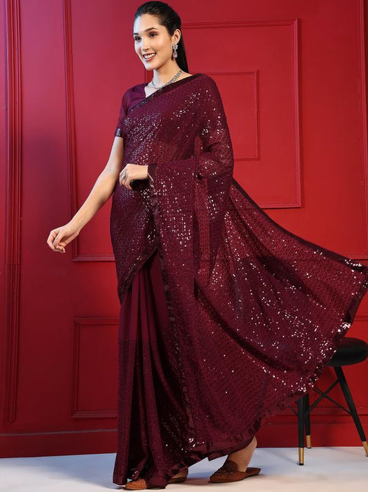 Maroon Designer Sequance Embroidery Work Georgette Saree