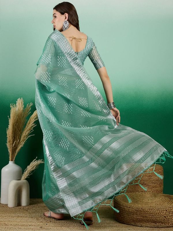 Sea Green Wevon Jacquard Designer Khadi Organza Saree