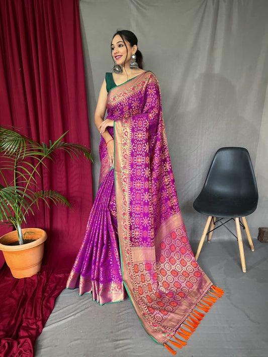 Purple Weaving Jacquard Jari Designer Patola Silk Saree