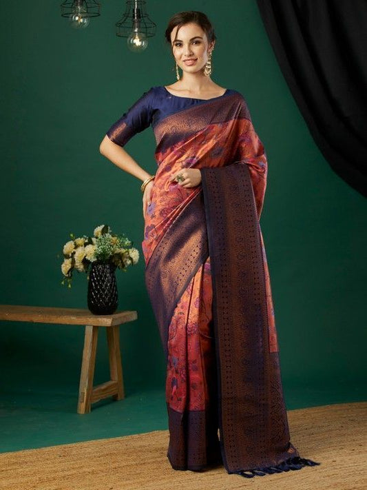 Pink Banarasi Woven Saree With Tassels on Pallu and Stitched Navy Blue Blouse