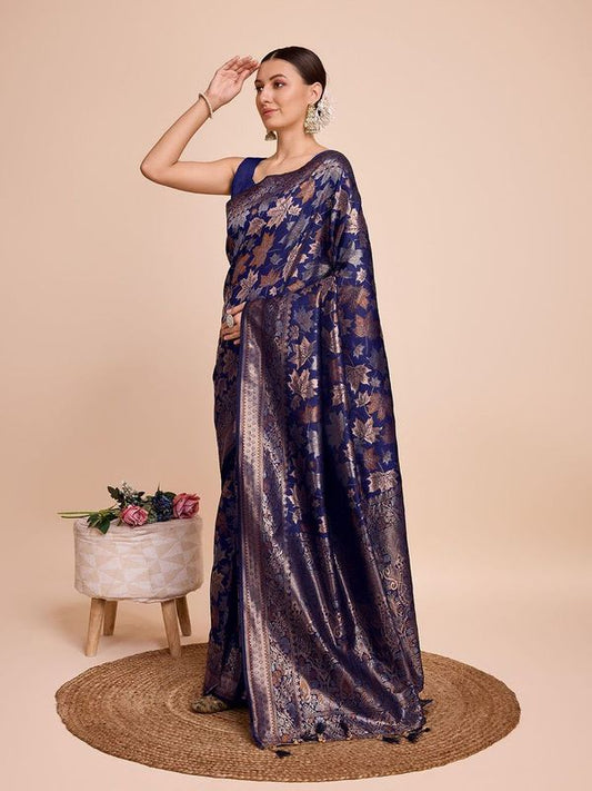 Nevy Blue Weaving Copper Jari Designer Handloom Silk Saree