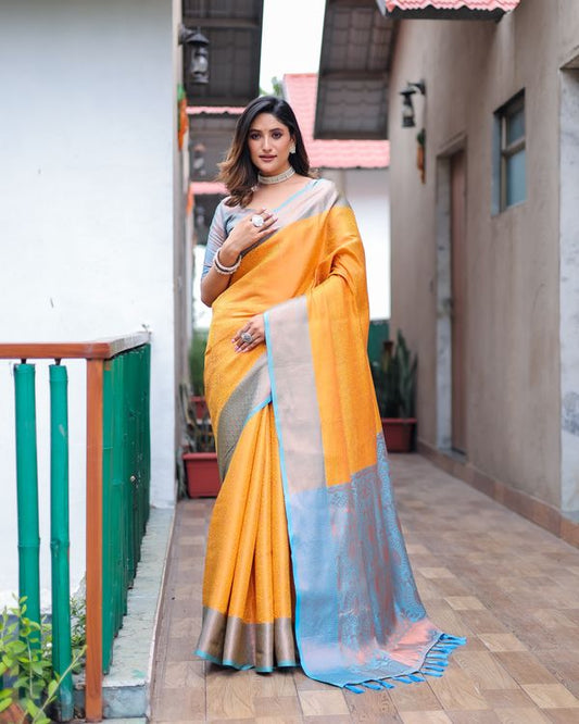 Mustard Wevon Copper Jari Designer Kanjivaram Silk Saree