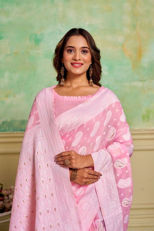 Pink Cotton Woven Saree With Tassels on Pallu and Stitched Pink Blouse