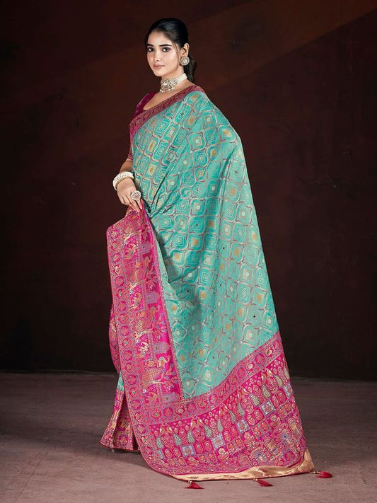 Sea Green Weaving Jari & Multi Thread Work & Motif & Crystal Hand Work Banarasi Silk Saree